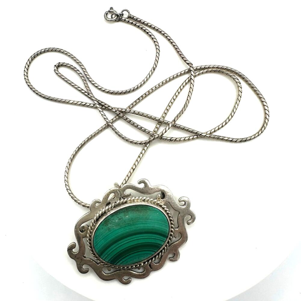 Taxco vintage 925 sterling silver genuine malachite brooch pendant necklace
